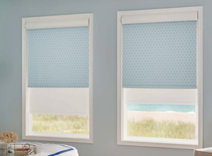 Double roller window shades in light blue and white